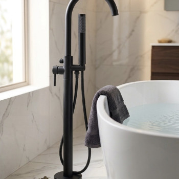 Free Standing Bath Mixer Matt Black Curved Spout