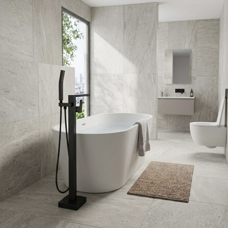 Free Standing Bath Mixer Black Matt Flat Spout