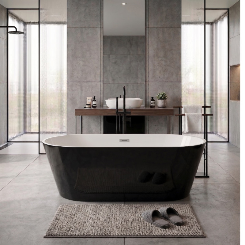 Bathtub Napoli Black Gloss Free Standing with Overflow