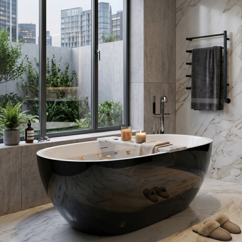 Bathtub Caspian Black Gloss Free Standing with Overflow