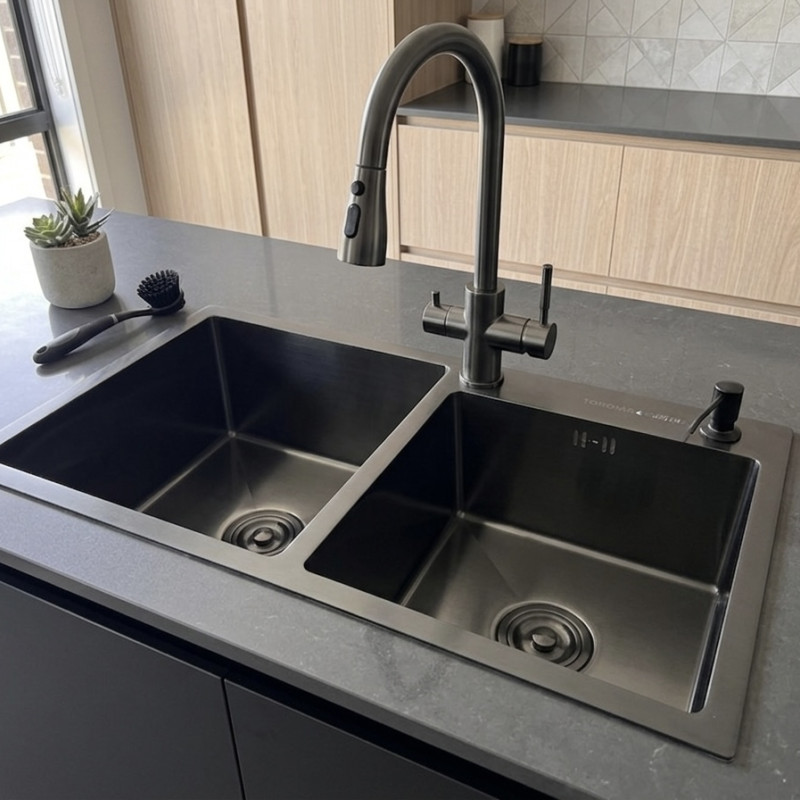 Double Bowl Kitchen Sink With Downpipe -75X41CM - Black
