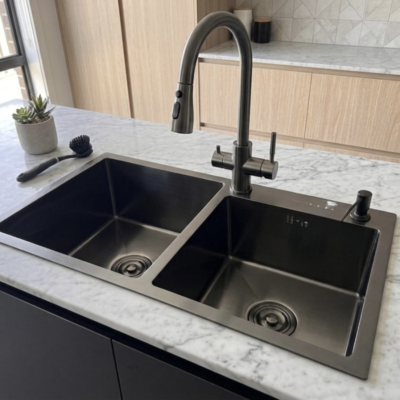 Double Bowl Kitchen Sink With Downpipe -75X41CM - Black