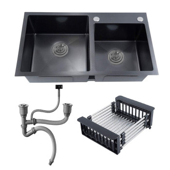 Double Bowl Kitchen Sink With Downpipe And Drain Basket-75X41CM - Black