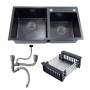 Double Bowl Kitchen Sink With Downpipe And Drain Basket-75X41CM - Black