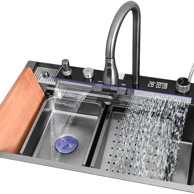 Multifunctional LED Modern Kitchen Sink Waterfall Push Button Temp Control