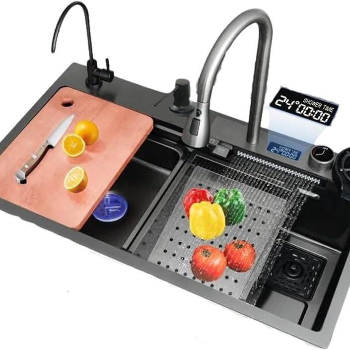 Multifunctional LED Modern Kitchen Sink Waterfall Push Button Temp Control