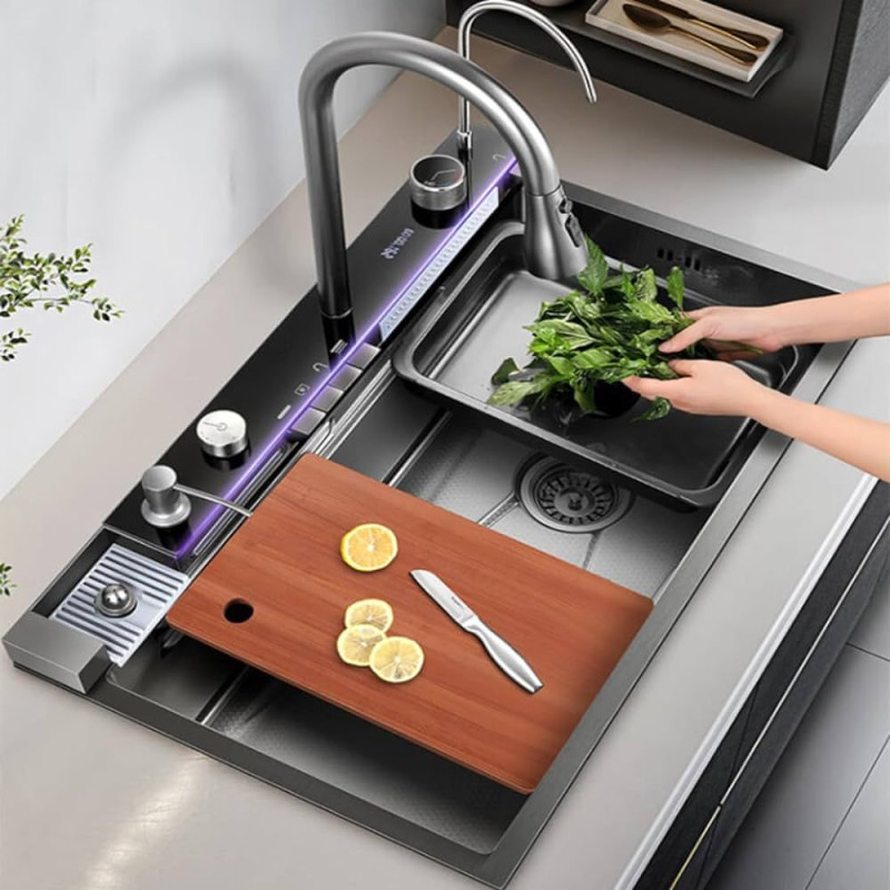 Multifunctional LED Modern Kitchen Sink Waterfall Push Button Temp Control
