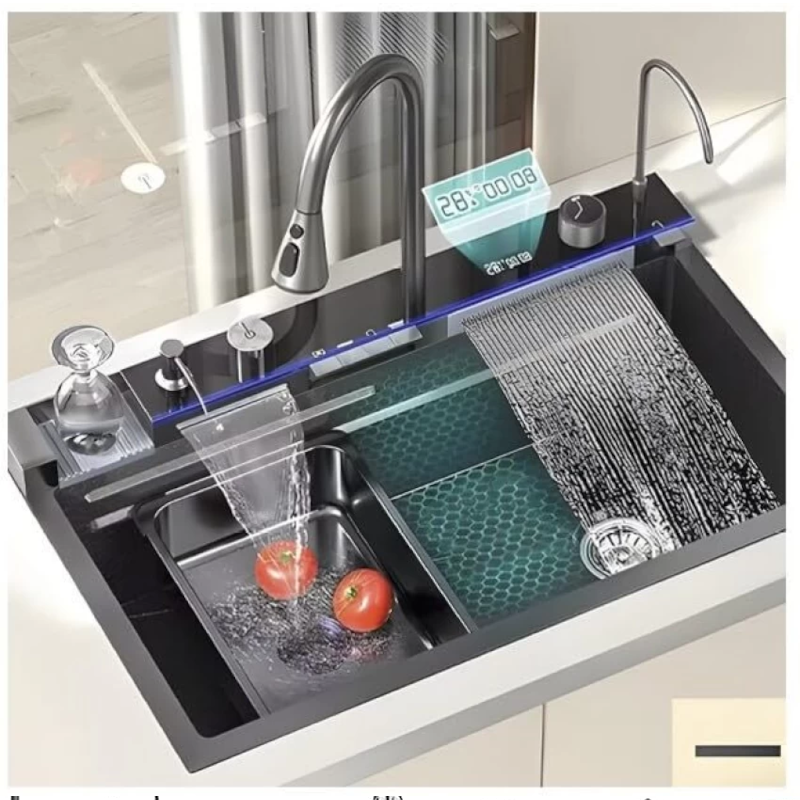 Multifunctional LED Modern Kitchen Sink Waterfall Push Button Temp Control