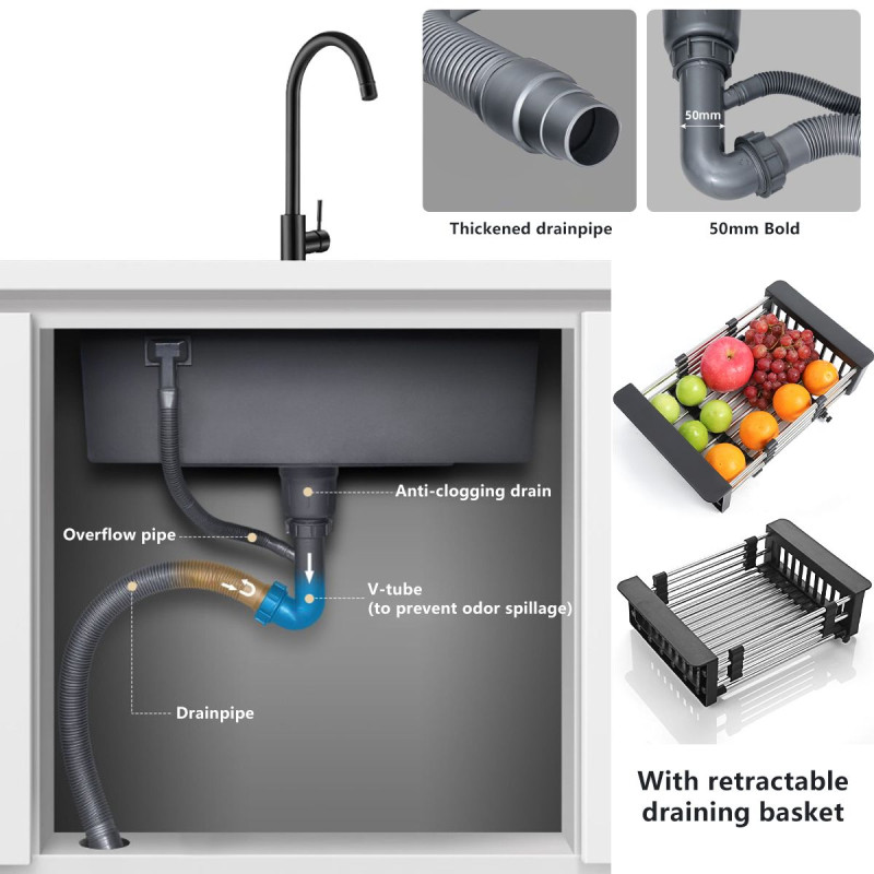 Single Bowl Kitchen Sink With Downpipe -50X40CM - Black
